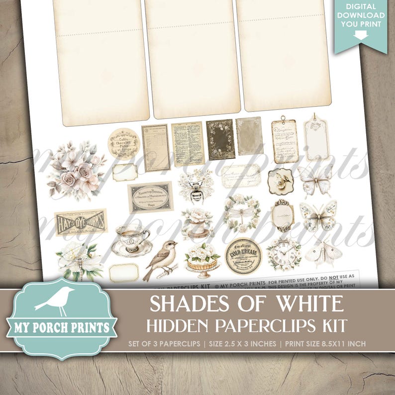 Shades of White Hidden Paperclips Kit, 3, Junk Journal, Paper Clip ...