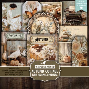 Może przedstawiać: Kolaż efemeryd o tematyce jesiennej, w tym tagi, ilustracje i zabytkowa maszyna do pisania. Projekt zawiera dynie, sowy i ciasto z napisem "Autumn Cottage Junk Journal Ephemera". Rozmiar wydruku 21,59 x 27,94 cm.