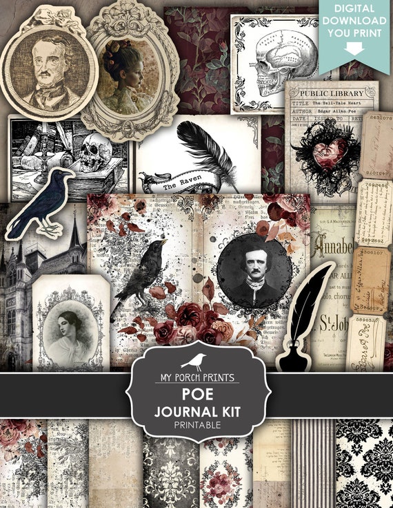 Junk Journal, Kit, Edgar Allan Poe, The Raven, Halloween, Gothic, Fall, Victorian, Black, Red, My Porch Prints, Digital Download, Printable