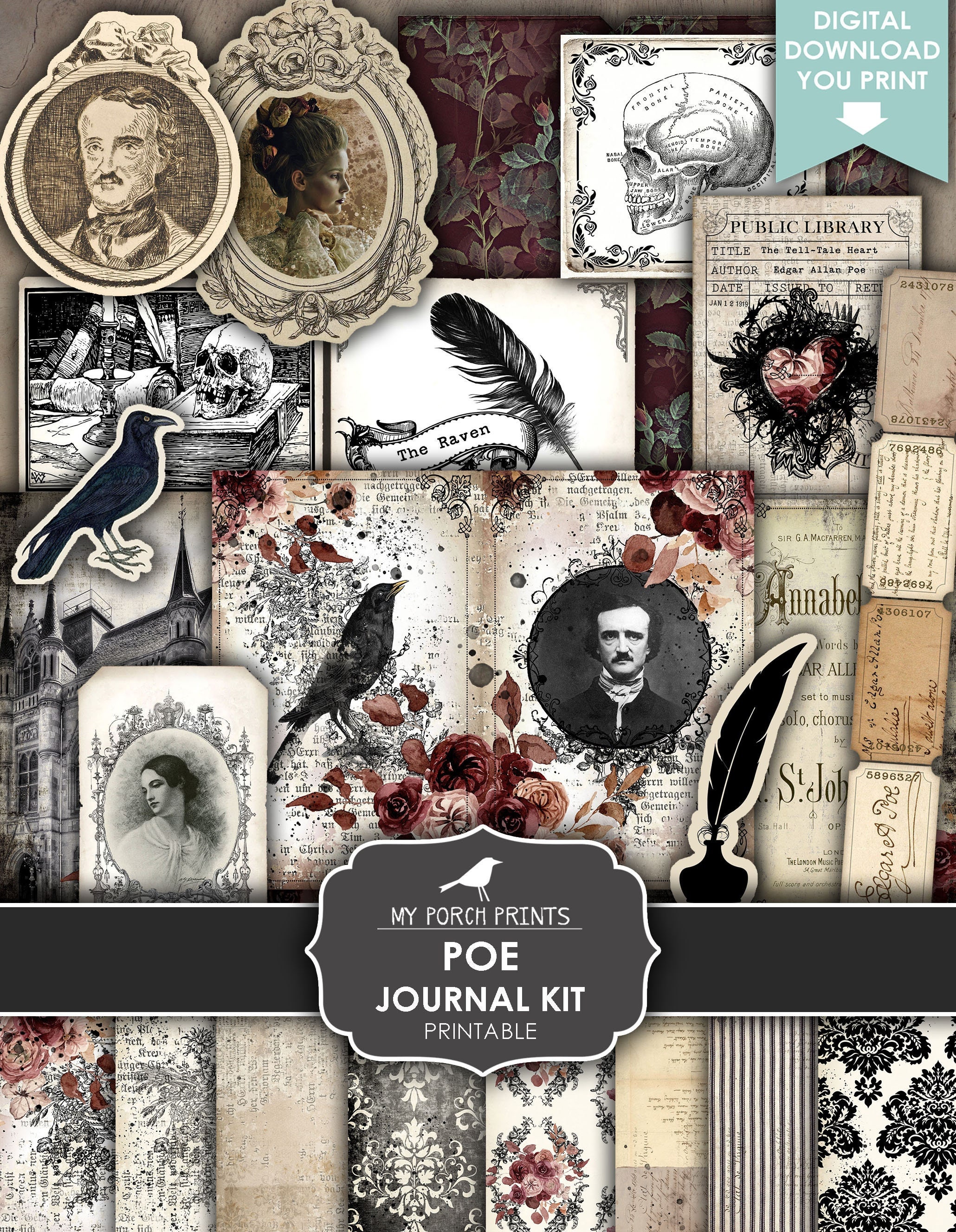 Junk Journal, Kit, Edgar Allan Poe, the Raven, Halloween