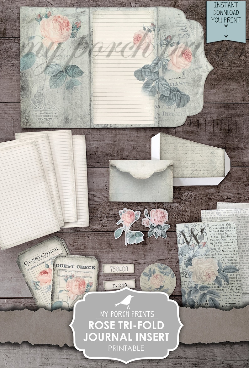 Junk Journal, Kit, Rose, Tri-Fold, Journal Insert, Ephemera, Handmade, Printable, Embellishment, Vintage, Digital, Download, My Porch Prints image 4