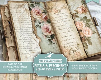 Petals and Parchment Junk Journal, Add-On, PAGES & PAPERS, Roses, Teal, Pink, Shabby, Script, My Porch Prints, Printable, Digital Download