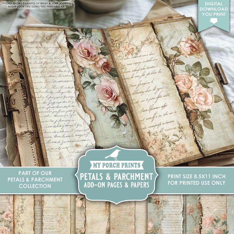 Petals and Parchment Junk Journal, Add-on, PAGES & PAPERS, Roses, Teal ...