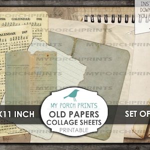 K&ouml;nnte beinhalten: Satz von sechs druckbaren Collage-Bl&auml;ttern im Format 21,6 x 27,9 cm mit alten Papieren, Vintage-Kalenderseiten, handschriftlichen Notizen und liniertem Papier. Die Papiere haben einen abgenutzten, gealterten Look und sind perfekt f&uuml;r Scrapbooking, Kartenherstellung oder andere Papierarbeiten.