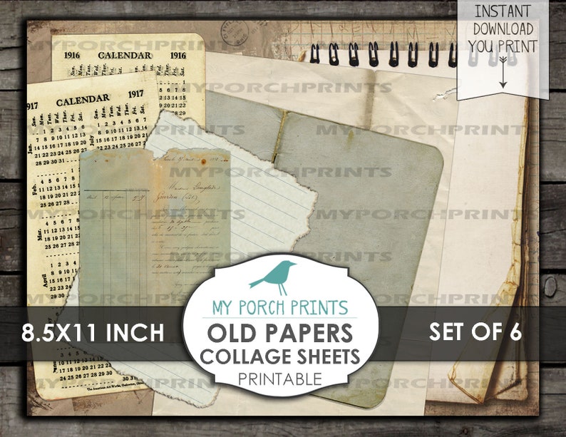 K&ouml;nnte beinhalten: Satz von sechs druckbaren Collage-Bl&auml;ttern im Format 21,6 x 27,9 cm mit alten Papieren, Vintage-Kalenderseiten, handschriftlichen Notizen und liniertem Papier. Die Papiere haben einen abgenutzten, gealterten Look und sind perfekt f&uuml;r Scrapbooking, Kartenherstellung oder andere Papierarbeiten.