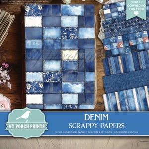 Denim Scrappy Papers, Junk Journal, Pages, Blue, Country, Southern, Floral, Backing, Craft, My Porch Prints, Printable, Digital Download