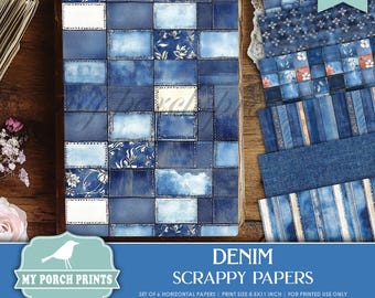Denim Scrappy Papers, Junk Journal, Pages, Blue, Country, Southern, Floral, Backing, Craft, My Porch Prints, Printable, Digital Download