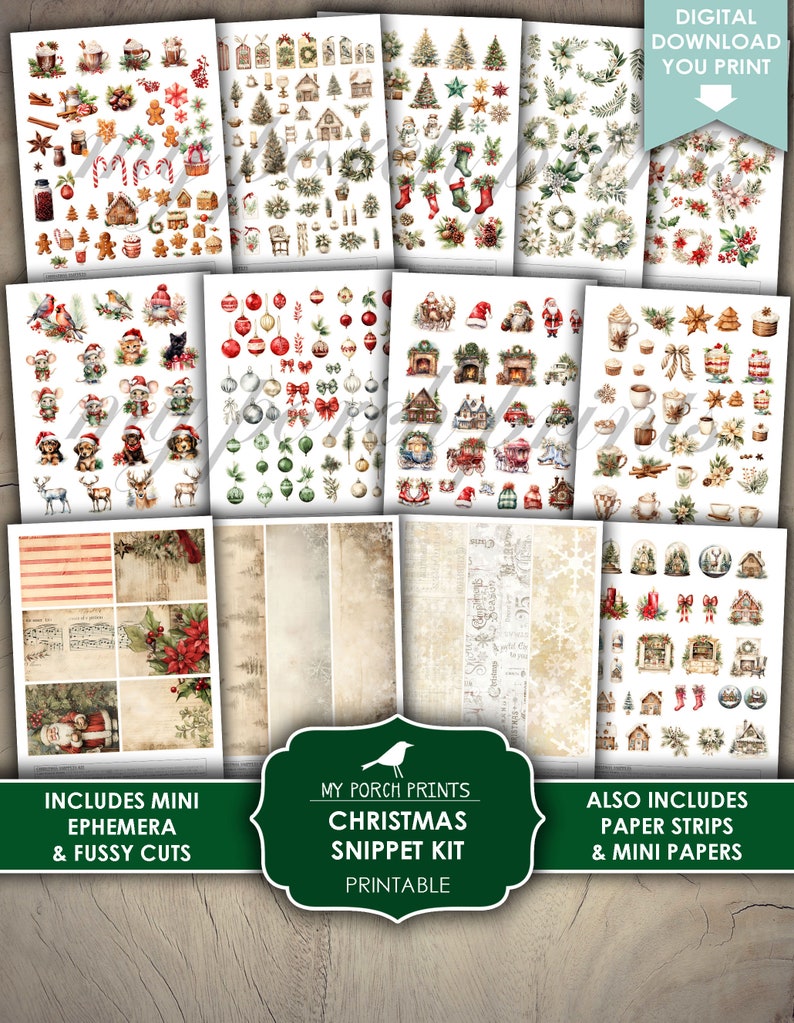 Pu&ograve; includere: Kit di carta digitale natalizia stampabile con immagini di ornamenti, case, ghirlande e altri elementi festivi. Include mini ephemera e fussy cuts, strisce di carta e mini carte.