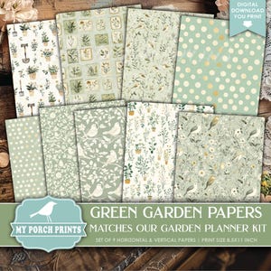 Green Garden Papers, Junk Journal, Vertical Horizontal, Spring Gardening, Bird, Plants, Backing, My Porch Prints Printable Digital Download