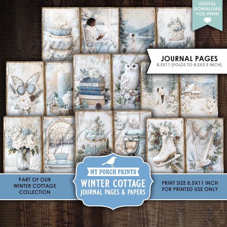 Winter Cottage Junk Journal PAGES & PAPERS, Vintage, Snow, Blue, White ...