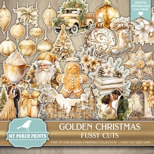 Golden Christmas FUSSY CUTS, Junk Journal, Gold, Santa, Tree, Truck, Stickers, Cricut, Planner, My Porch Prints, Printable, Digital Download