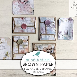 Brown Paper, Mini Envelopes, File, Folder, Pocket Letter, Card, Tags, Junk Journal, Ephemera, Scrapbook, Collage, Floral, Printable, Vintage image 8