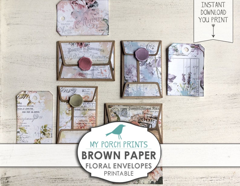 Brown Paper, Mini Envelopes, File, Folder, Pocket Letter, Card, Tags, Junk Journal, Ephemera, Scrapbook, Collage, Floral, Printable, Vintage image 8