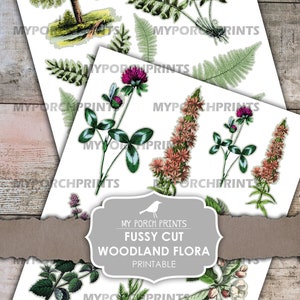 May include: A collection of botanical illustrations featuring trees, ferns, clovers, and other wildflowers. The images are printed on white paper and are labeled "Fussy Cut Woodland Flora Printable" with the text "Instant Download You Print".