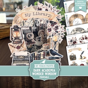 Dark Academia Wonder Window, Junk Journal, My Library, Fussy Cuts, Kit, 3D Tunnel Book, Wizard, My Porch Prints, Printable, Digital Download