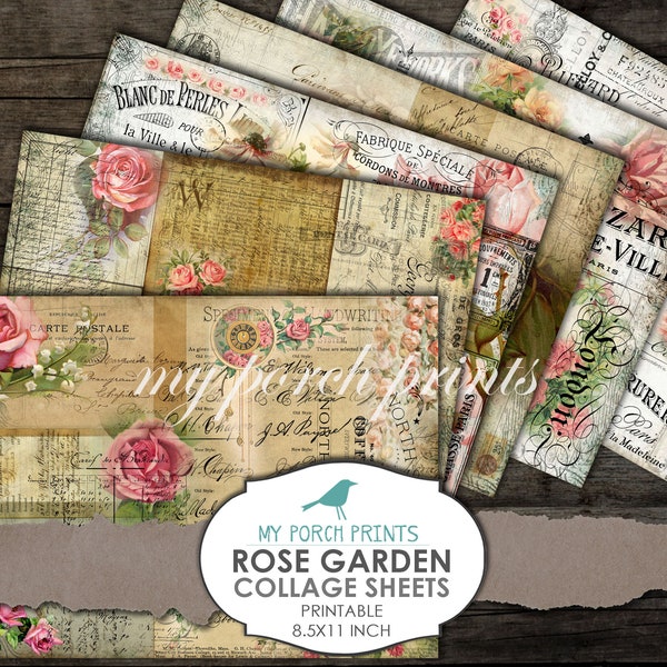 Rose Garden, Printable, Papers, Collage Sheet, Journal Page, Chic, My Porch Prints, Scrapbook, Ephemera, Junk Journal, Kit, Card, Download