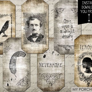 Halloween decorations, Raven, Edgar Allan, Poe, tag, label, scrapbook paper, scrapbook embellishment, digital paper, ephemera, junk journal image 6