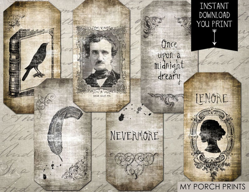 Halloween decorations, Raven, Edgar Allan, Poe, tag, label, scrapbook paper, scrapbook embellishment, digital paper, ephemera, junk journal image 6