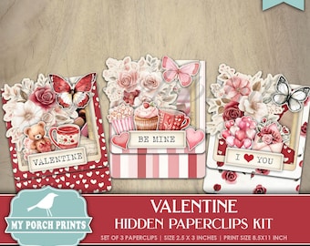 Valentine Hidden Paperclips, Set of 3, Junk Journal, Paper Clips, Red Pink, DIY, Valentine's Day, My Porch Prints Printable Digital Download