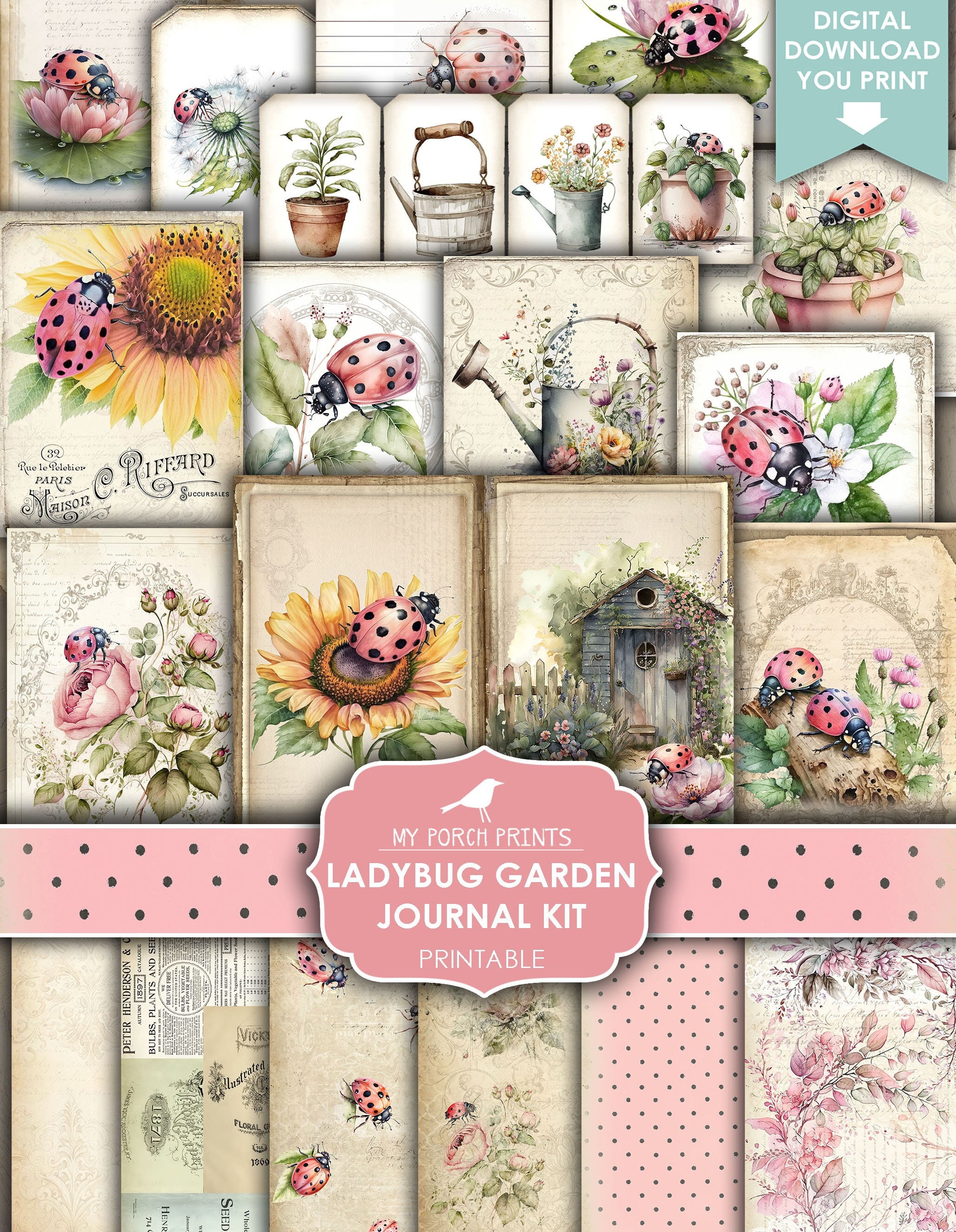Ladybug Garden Junk Journal Kit, Lady Bug Ladybird Summer Pink Papers ...