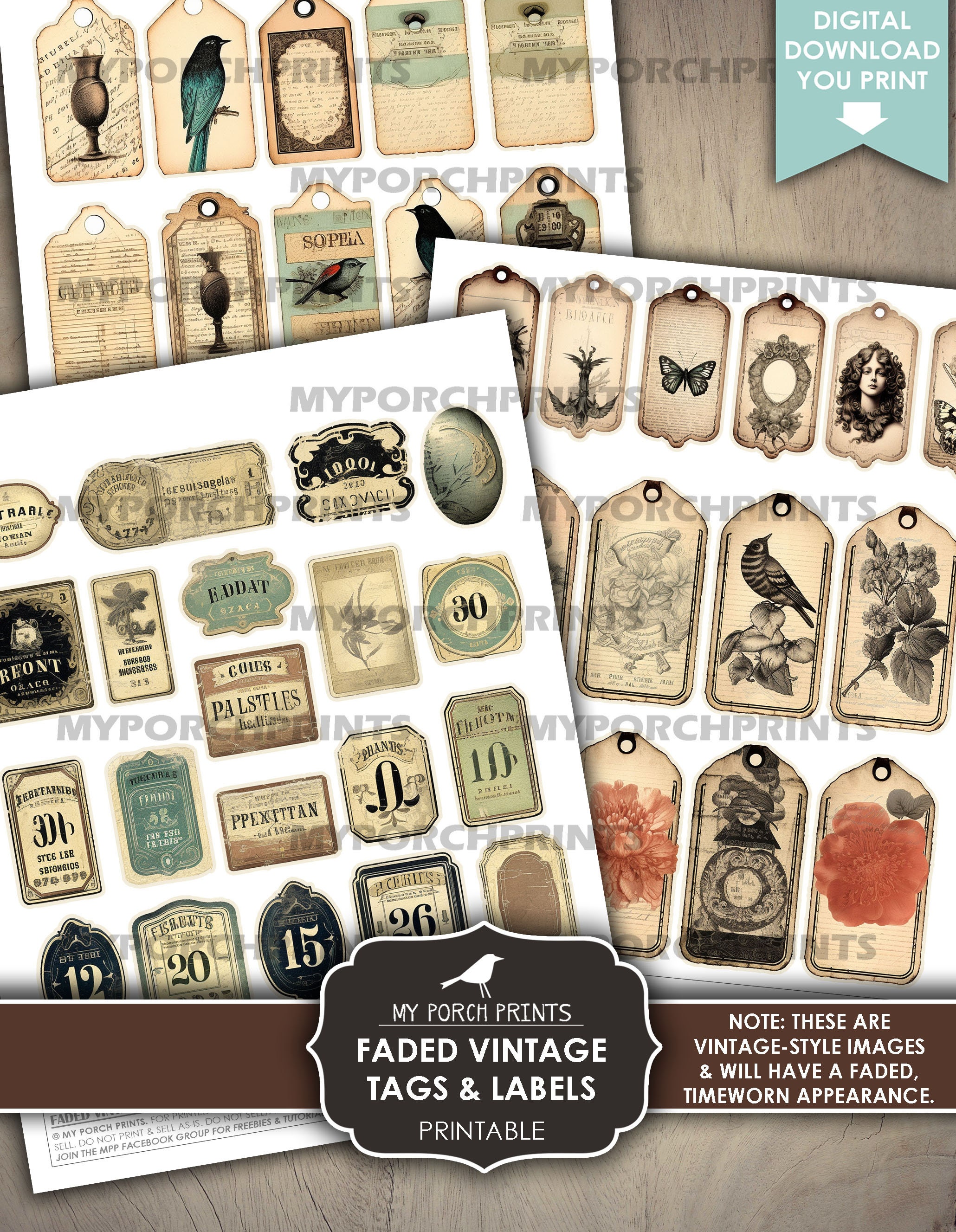 Junk Journal Faded Vintage Tags Labels, Grunge, Steampunk, Men Number ...