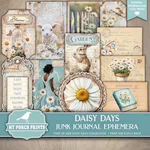 Daisy Days EPHEMERA, Blumen Cottage Blau Rosa Gelb Kit Farm Country Mixed Media Karten Tags My Porch Prints, druckbar, Digitaler Download