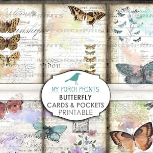 Borboleta, Cartões de bolso, Folha de colagem, Carta de bolso, ATC, Aquarela, Vintage, Kit de diário de lixo, Cartão, Download digital, Papel para impressão