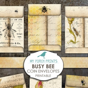 Busy Bee Coin Envelopes, Ephemera, Junk Journal, Printable, Digital Collage Sheet, Download, Honey, Beekeeper, Scrapbooking, Pocket, Vintage