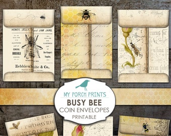 Busy Bee Coin Envelopes, Ephemera, Junk Journal, Printable, Digital Collage Sheet, Download, Honey, Beekeeper, Scrapbooking, Pocket, Vintage