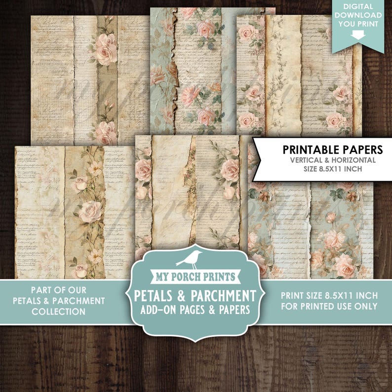 Petals and Parchment Junk Journal, Add-on, PAGES & PAPERS, Roses, Teal ...