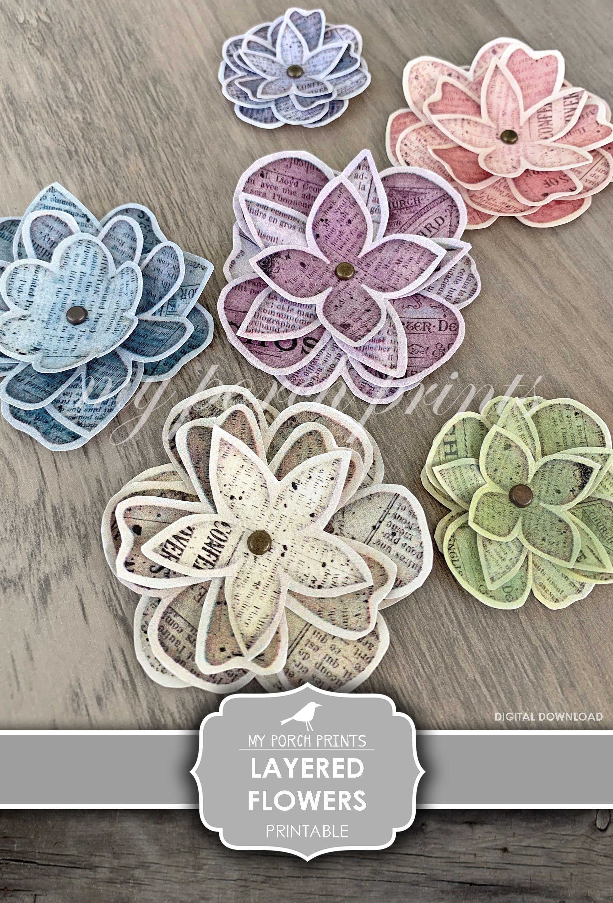Layered Flowers, Junk Journal, Ephemera, Printable, My Porch Prints ...