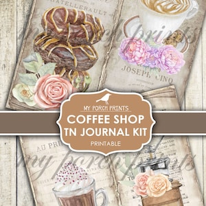 Op de afbeelding: Een printbare journalset met een koffieshop-thema met drie pagina's met vintage illustraties van koffie, gebak, bloemen en tekst. De pagina's zijn ontworpen om te gebruiken voor journalen, scrapbooking of andere creatieve projecten.