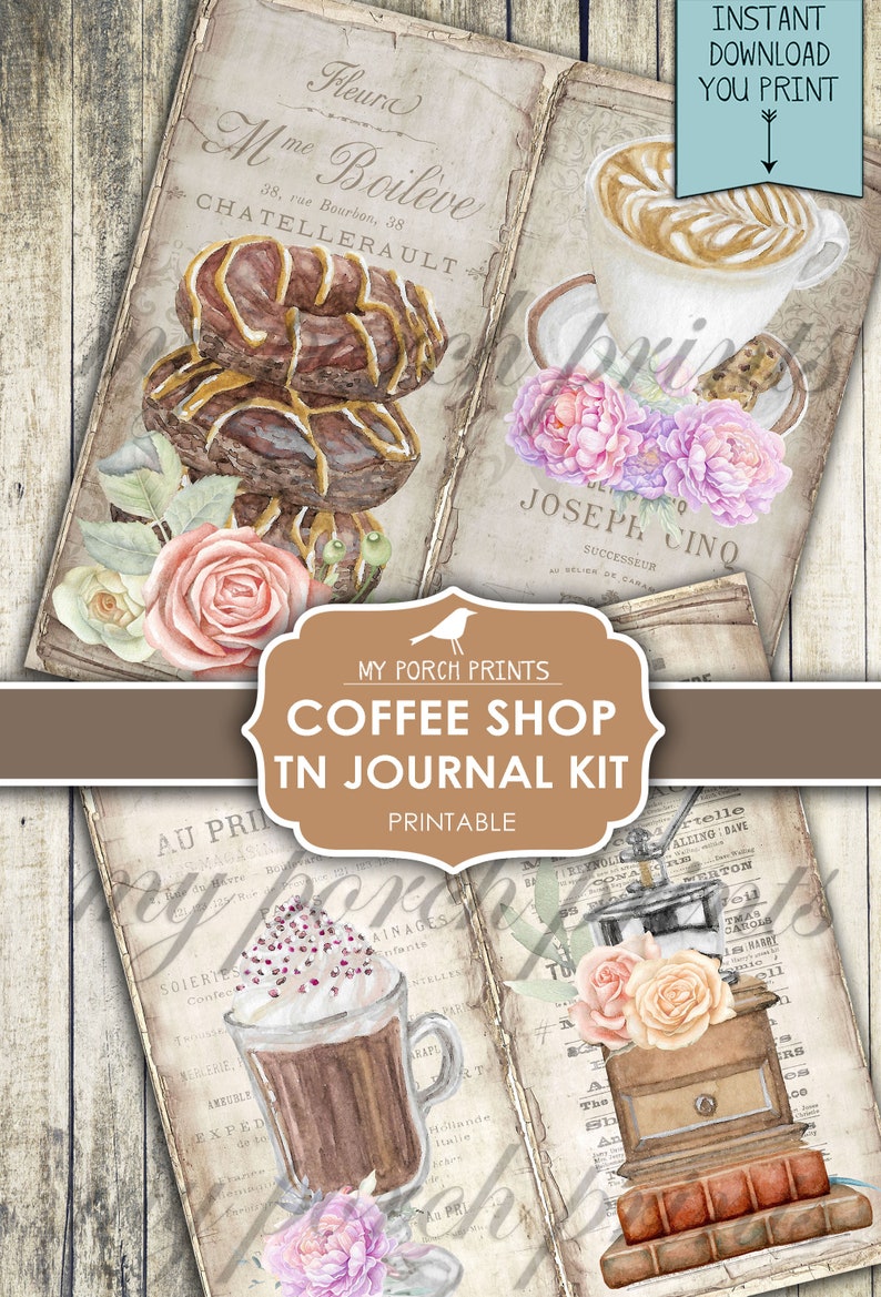Op de afbeelding: Een printbare journalset met een koffieshop-thema met drie pagina's met vintage illustraties van koffie, gebak, bloemen en tekst. De pagina's zijn ontworpen om te gebruiken voor journalen, scrapbooking of andere creatieve projecten.