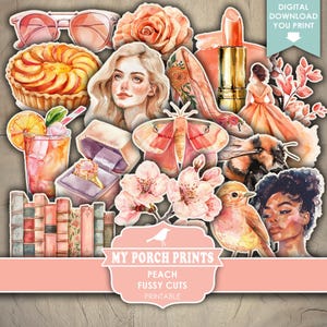 Peach Color FUSSY CUTS, Junk Journal, Cricut, Stickers, Butterflies, Ephemera, Summer, Set, My Porch Prints, Printable, Digital Download