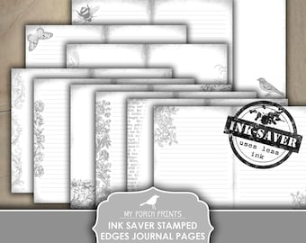 Junk Journal,  Ink Saver, Stamped Edges, Journal Pages, Blank, Lined, Black and White, Neutral, My Porch Prints, Printable, Digital Download