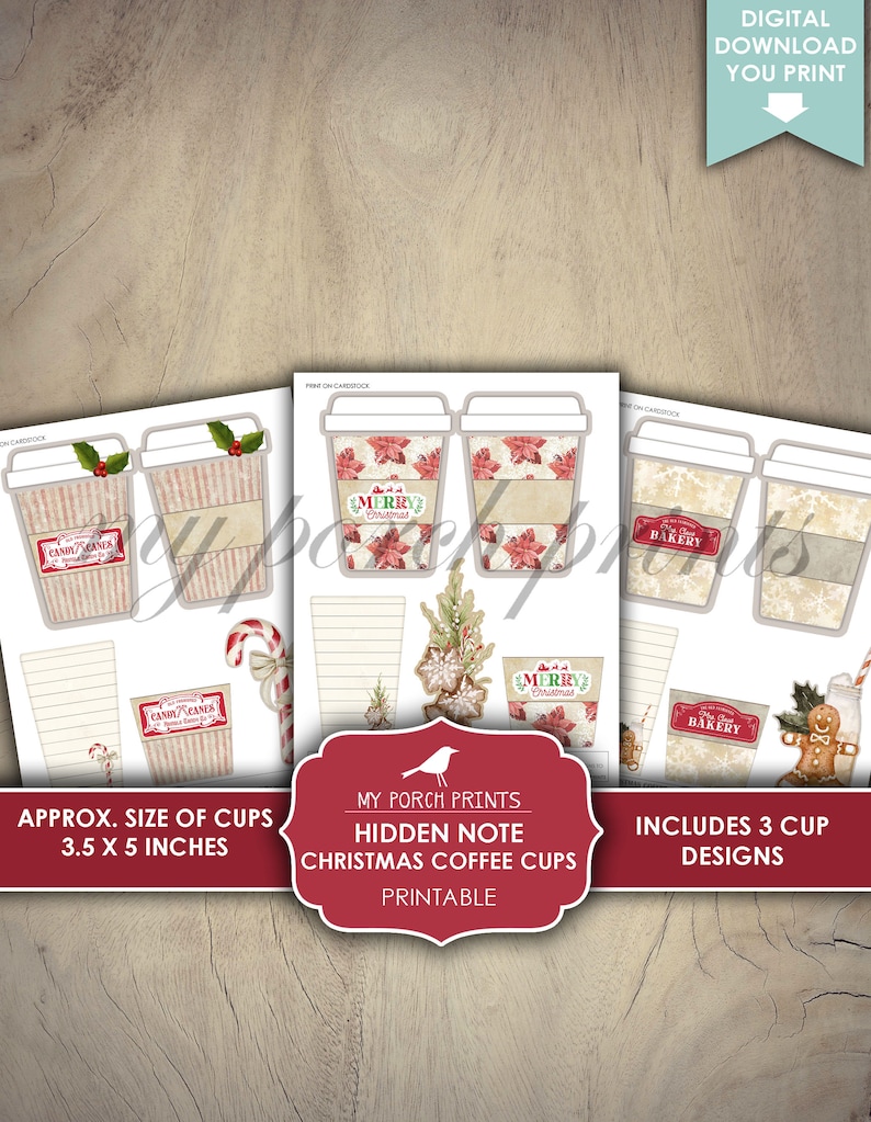 K&ouml;nnte beinhalten: Druckbare Weihnachts-Kaffeetassen-Designs. Drei verschiedene Designs beinhalten "Candy Canes", "Frohe Weihnachten" und "The Christmas Bakery". Jedes Design ist 3,5 Zoll mal 5 Zoll gro&szlig;.
