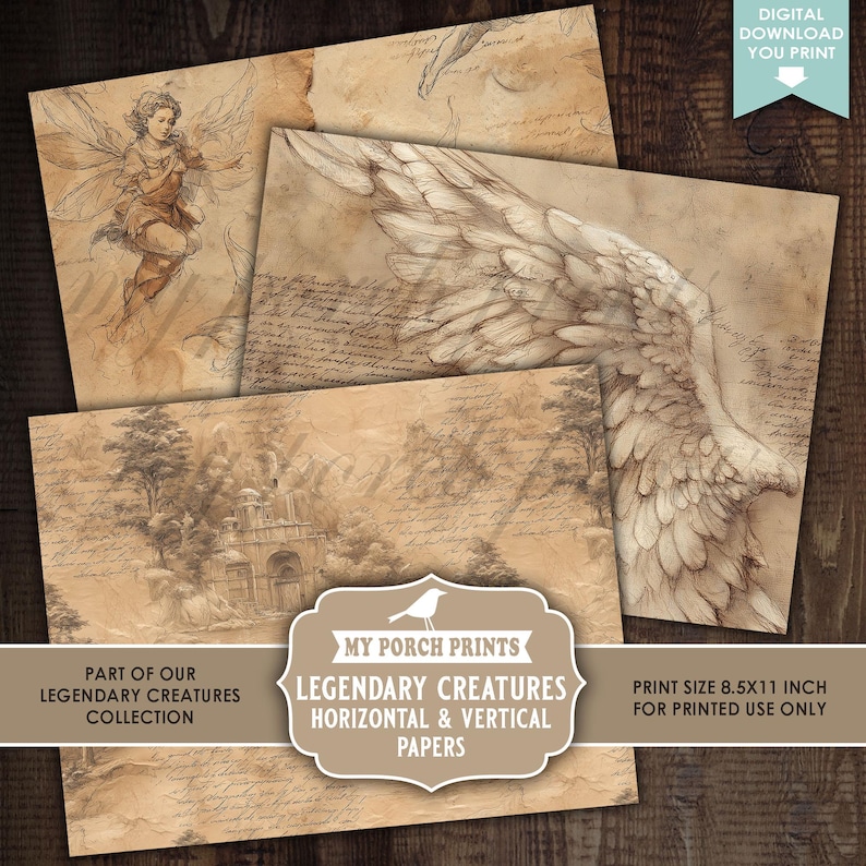 Legendary Creatures Junk Journal Papers, Horizontal & Vertical Magical ...