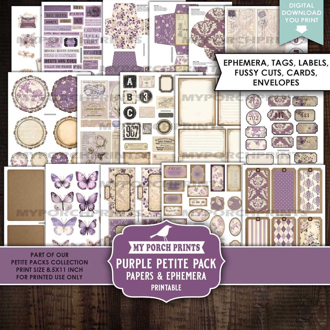 Purple Petite Pack Junk Journal Ephemera and Papers Kit, Cards Numbers ...