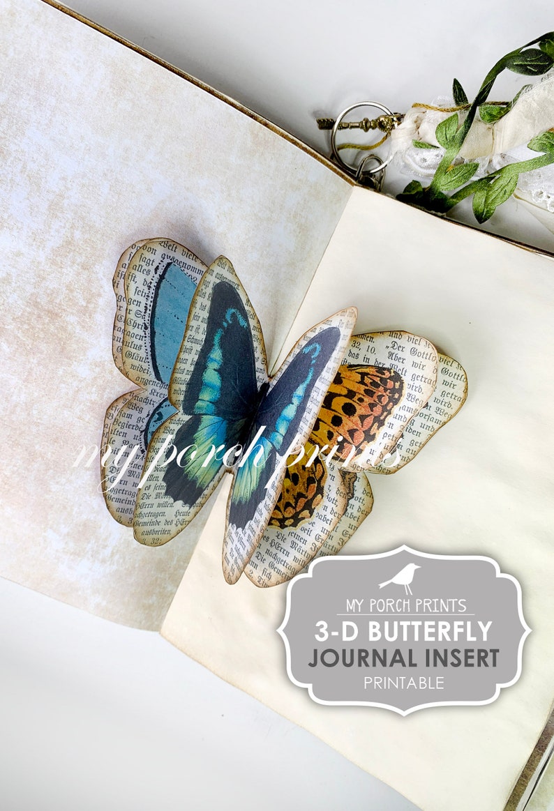 Junk Journal, Insert, 3D, Butterfly, Craft Kit, Book Page, Dimensional, Pop Up, Printable, My Porch Prints, Digi Kit, Digital Download image 1