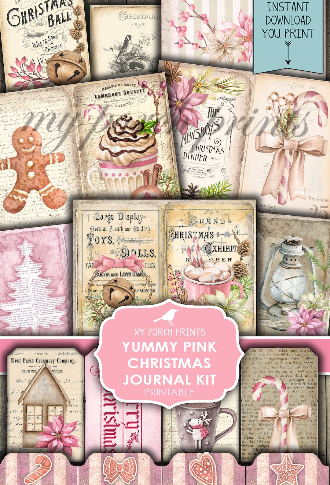 Christmas, Junk Journal, Kit, Yummy, Pink, Shabby, Sugar, Printable, My ...
