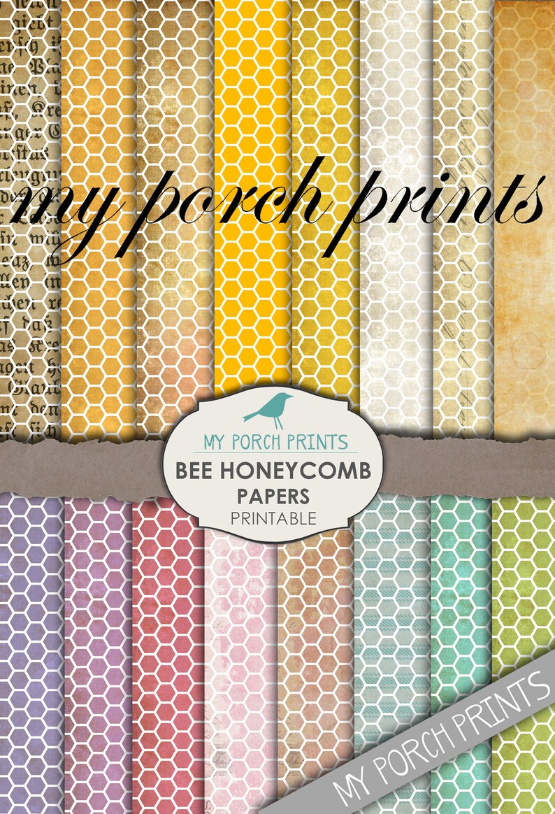 May include: A set of printable digital papers featuring a honeycomb pattern in various colors, including yellow, purple, red, pink, green, and brown. The papers are labeled "My Porch Prints Bee Honeycomb Papers Printable".
