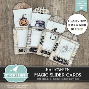 Halloween Magic Slider Cards, Junk Journal, Black and White Color Changing Transparent, Fall, My Porch Prints, Printable, Digital Download
