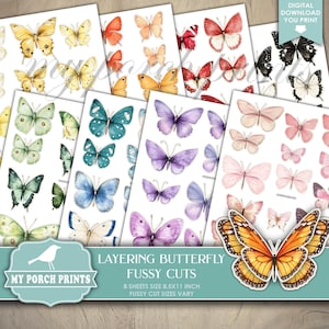 Layering Butterfly FUSSY CUTS, Junk Journal, Butterflies, Colorful, Stickers, Cricut, Planner, My Porch Prints, Printable, Digital Download