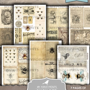 May include: Printable digital collage kit featuring vintage illustrations of bees, beekeeping, and honey. The kit includes 7 pages of cards and ephemera with a busy bee theme. The kit is perfect for scrapbooking, journaling, and crafting.