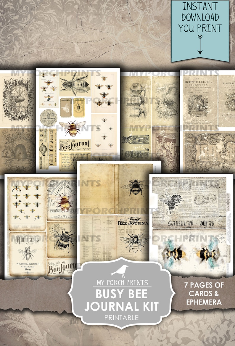 May include: Printable digital collage kit featuring vintage illustrations of bees, beekeeping, and honey. The kit includes 7 pages of cards and ephemera with a busy bee theme. The kit is perfect for scrapbooking, journaling, and crafting.