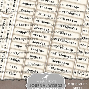May include: Printable journal word cards with an inspirational theme. The cards are beige with black text and feature words like "brave", "beauty", "create", "dream", "faith", "friends", "goodness", "graceful", "grateful", "hopeful", "imagine", "inspire", "journal", "lovely", "smile", "soul", "sparkle", "sweet", and more.