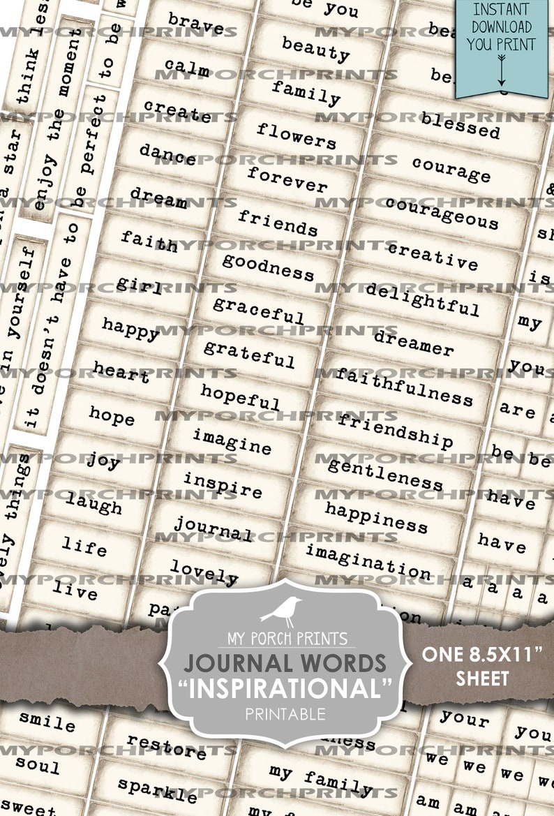 Journal Words, Inspirational, Junk Journal, Phrases, Mixed Media Words, My Porch Prints, Collage Sheet, Scrapbooking, Printable, Ephemera image 4