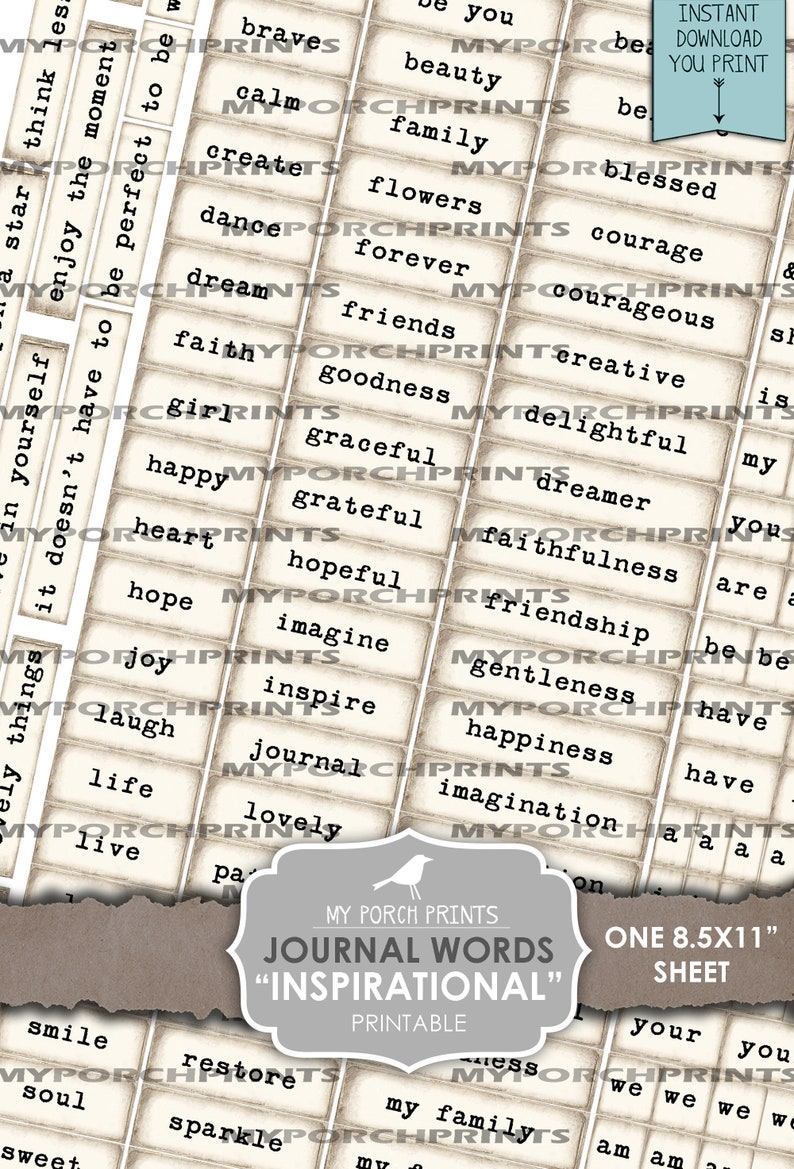 May include: Printable journal word cards with an inspirational theme. The cards are beige with black text and feature words like "brave", "beauty", "create", "dream", "faith", "friends", "goodness", "graceful", "grateful", "hopeful", "imagine", "inspire", "journal", "lovely", "smile", "soul", "sparkle", "sweet", and more.