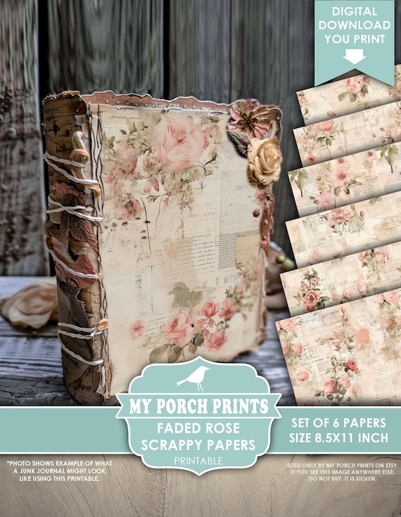 Faded Rose Scrappy Papers, Junk Journal Pages, Floral, Vintage, Shabby, Backing, Paper, Pink, My Porch Prints, Printable, Digital Download