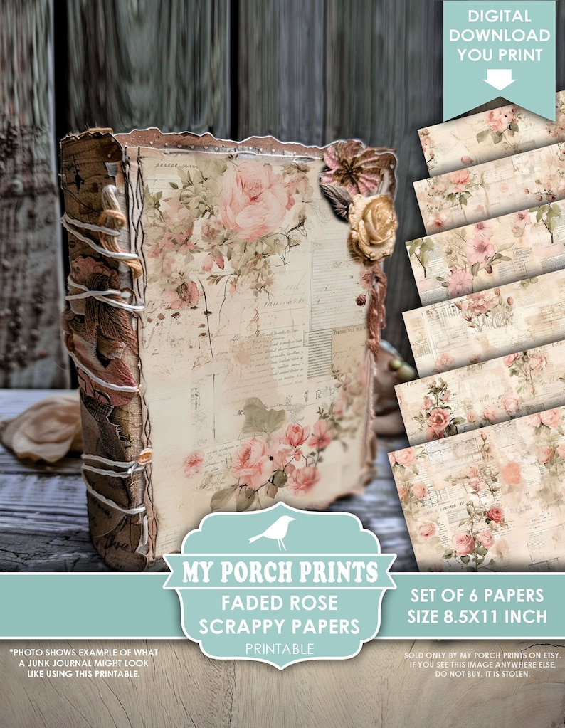 Faded Rose Scrappy Papers, Junk Journal Pages, Floral, Vintage, Shabby, Backing, Paper, Pink, My Porch Prints, Printable, Digital Download bild 1
